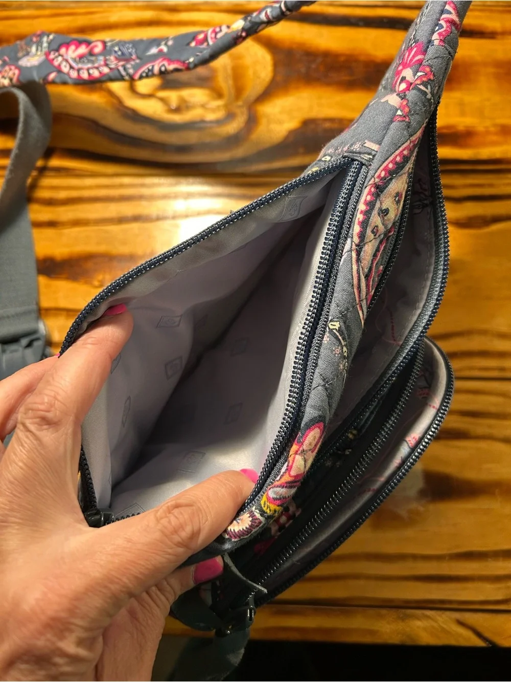 Vera Bradley Charcoal Paisley Quilted Sling Bag with Pink Accents - Picture 4 of 7